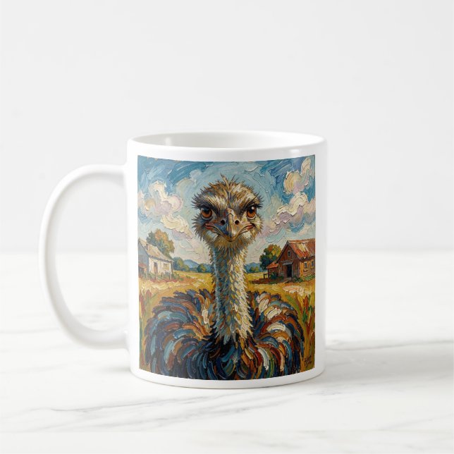 Funny Impasto Ostrich on a Ranch Personalized Coffee Mug (Left)