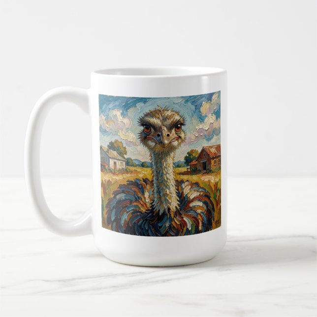 Funny Impasto Ostrich on a Ranch Personalized Coffee Mug (Left)