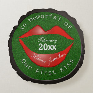 Funny In Memory of Couple's First Kiss Black Round Pillow