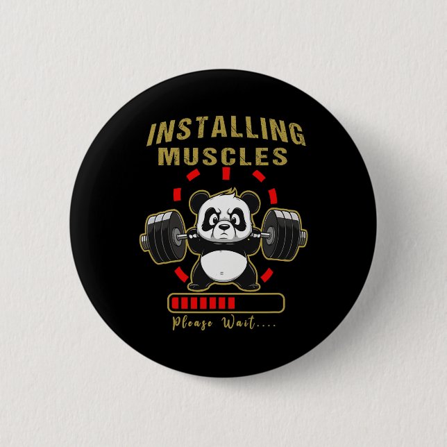 Funny Installing Muscle Panda Weight Lifting Barbe Button (Front)