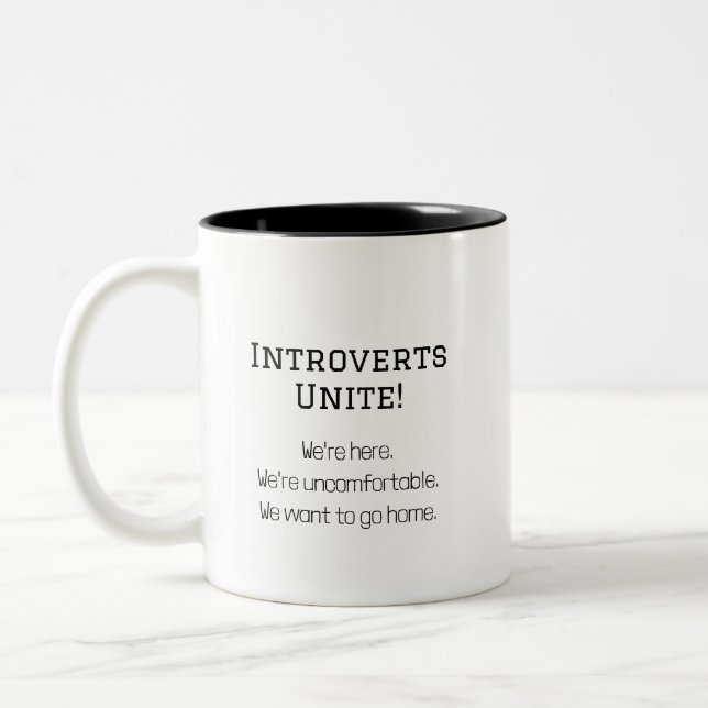 Funny Introverts Unite Humorous Quote Two-Tone Coffee Mug (Left)