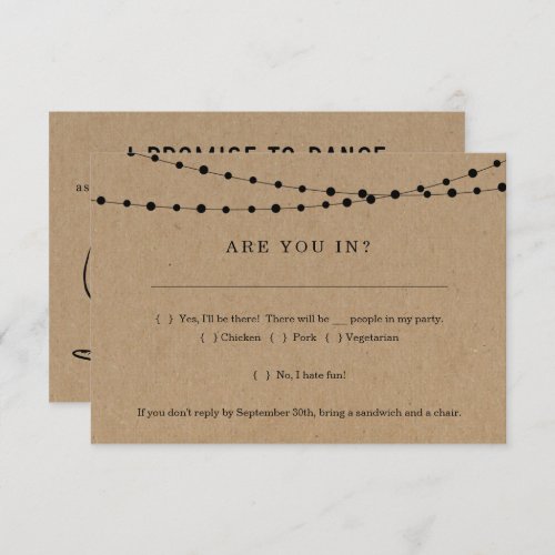 Funny Invitation RSVP Card Insert w- Song Request - Funny RSVP wording and song request for a fun wedding!  Backdrop is simple with wonderfully rustic string lights and kraft paper background.