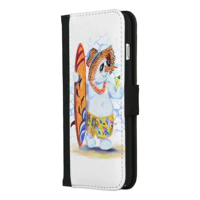 Funny iPhone Wallet Case with Snowman Surfer (Left)