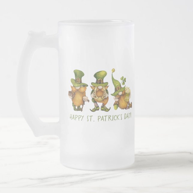 Funny Irish Gnomes Happy St Patrick's Day Frosted Glass Beer Mug (Left)