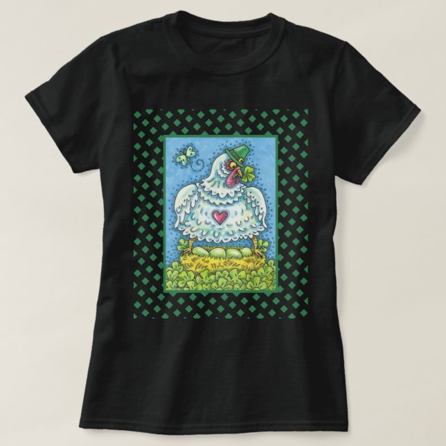 FUNNY IRISH HEN, EGGS AND SHAMROCKS CUTE CHICKEN T-Shirt (Design Front)