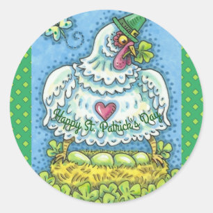 FUNNY IRISH HEN, GREEN EGGS AND SHAMROCKS CUTE CLASSIC ROUND STICKER