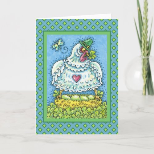 FUNNY IRISH HEN GREEN EGGS AND SHAMROCKS CUTE HOLIDAY CARD