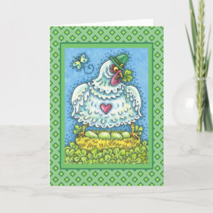 FUNNY IRISH HEN, GREEN EGGS AND SHAMROCKS CUTE HOLIDAY CARD