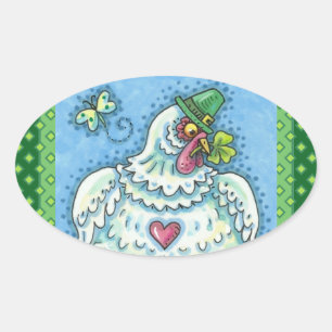 FUNNY IRISH HEN, GREEN EGGS AND SHAMROCKS CUTE OVAL STICKER