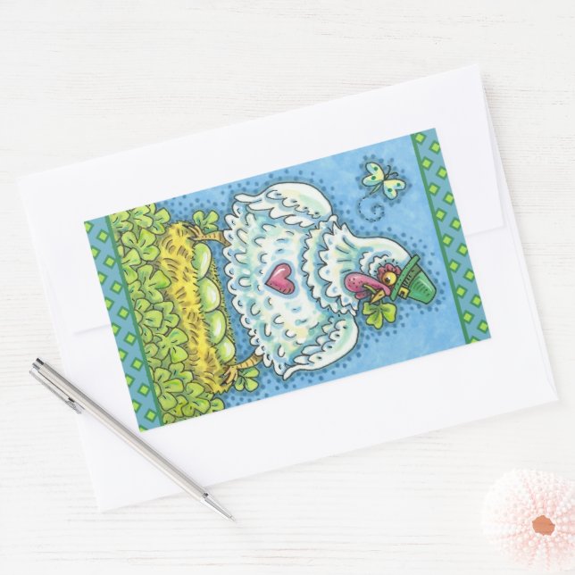 FUNNY IRISH HEN, GREEN EGGS AND SHAMROCKS CUTE RECTANGULAR STICKER (Envelope)