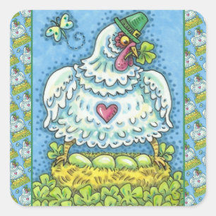 FUNNY IRISH HEN, GREEN EGGS AND SHAMROCKS CUTE SQUARE STICKER