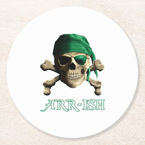 Funny Irish Jolly Roger Pirate Skull ARR_ISH Round Paper Coaster