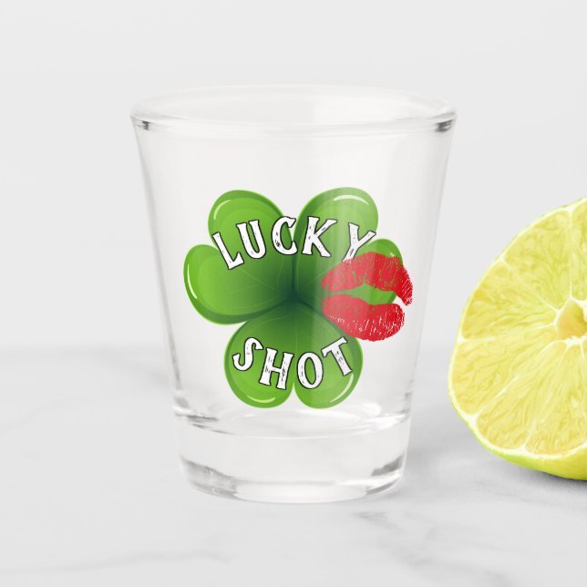 Funny Irish Kiss Lucky Green Clover Leaf Shot Glass (Front)
