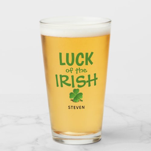 Funny Irish Luck Green Shamrock Personalized Beer Glass