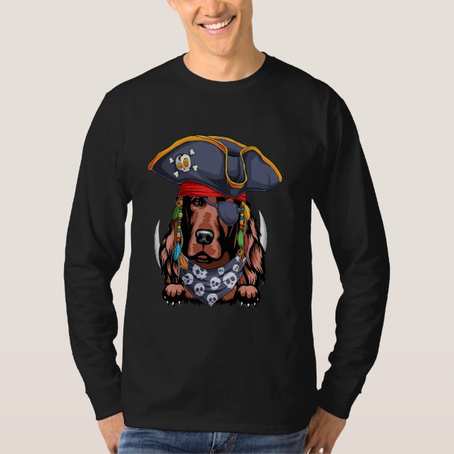 Funny Irish Setter Dog In Pirate Hat With Two Swor T-Shirt (Front)