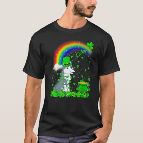 Funny Irish Shamrock Rainbow Lucky Wolf St Patrick T_Shirt