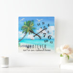 Funny Island Time Clock<br><div class="desc">Add a stylish & trendy look to your home or office with our “Island Time” clock. Funny scattered numbers on hand-painted tropical palm leaves & ocean background. Add your custom wording to this design by using the "Edit this design template" boxes on the right hand side of the item, or...</div>