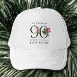 Funny It Took Me 90 Years to Look This Good! Trucker Hat<br><div class="desc">A funny tropical trucker hat for an 90th birthday celebration with text "IT TOOK ME 90 YEARS TO LOOK THIS GOOD!" The large age 90 is embellished with tropical floral bouquets featuring palms, anthuriums, fig leaves, bird of paradise and orchids. Have a memorable milestone celebration with a tropical twist! This...</div>