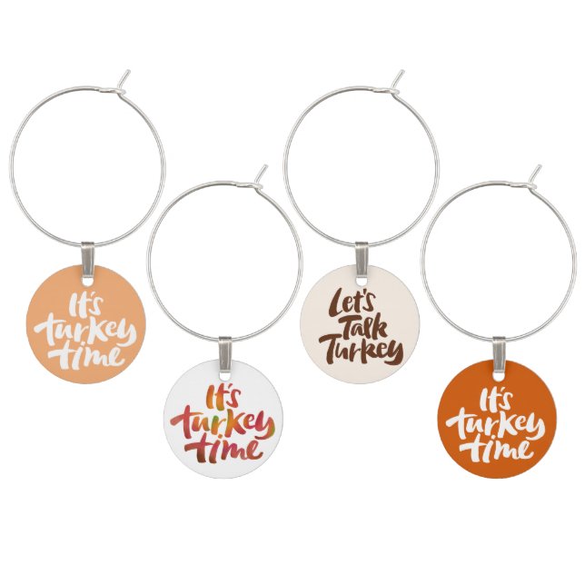 Funny It's Turkey Time Thanksgiving Dinner Saying Wine Glass Charm (Staggered)