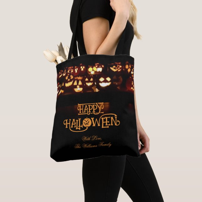 Funny Jack o'Lantern Pumpkins Happy Halloween Tote Bag (Close Up)
