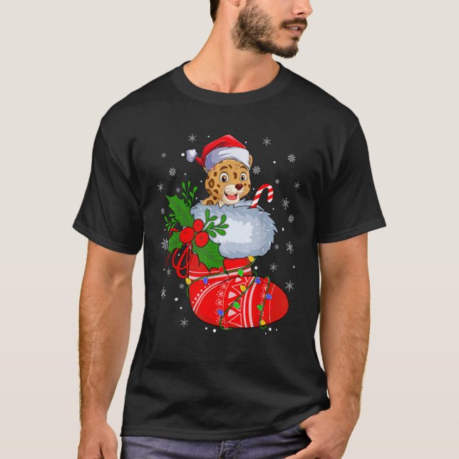 Funny Jaguar In Christmas Socks Santa Claus Lights T-Shirt (Front)