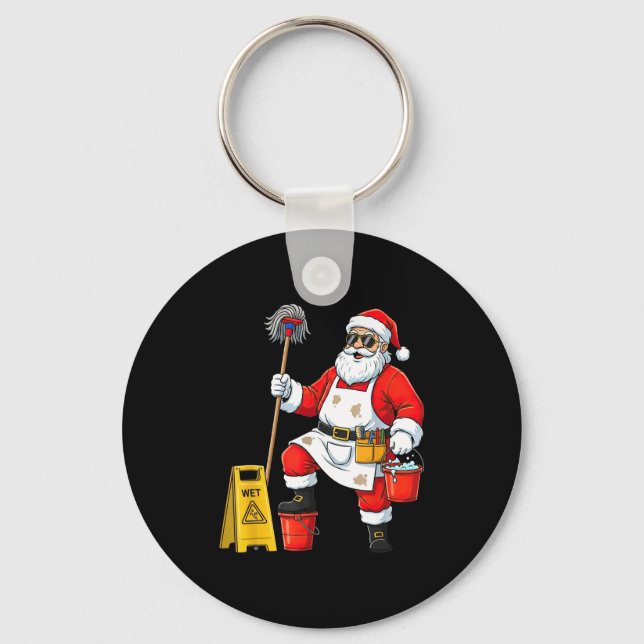 Funny Janitor Santa Christmas Graphic Cleaner Clea Keychain (Front)