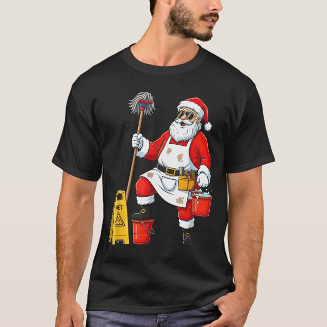 Funny Janitor Santa Christmas Graphic Cleaner Clea T-Shirt (Front)