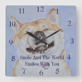 Funny Japanese Akita Smiling With Slogan Dog Square Wall Clock by artoriginals at Zazzle