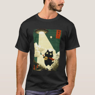 Funny Japanese Cat Abduction Alien UFO Guitar Ukul T-Shirt