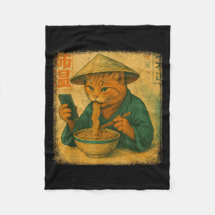 Funny Japanese Cat Eat Ramen And Scroll Phone Anim Fleece Blanket