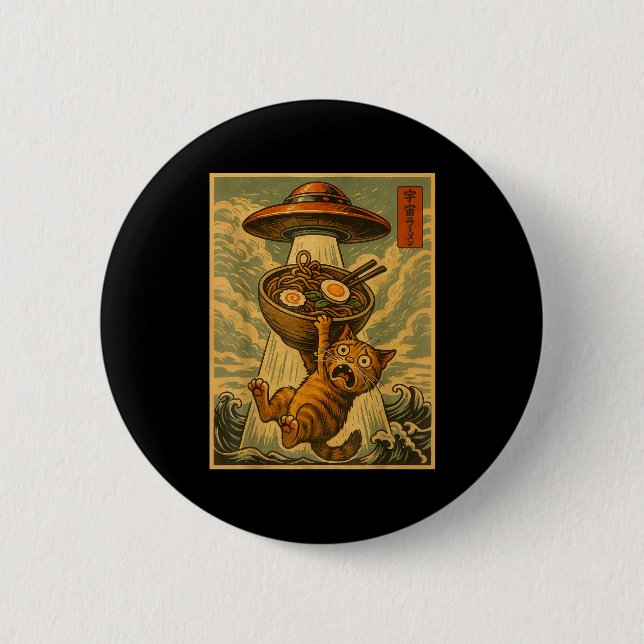 Funny Japanese Cat Ramen Ufo Anime Men Women Teens Button (Front)