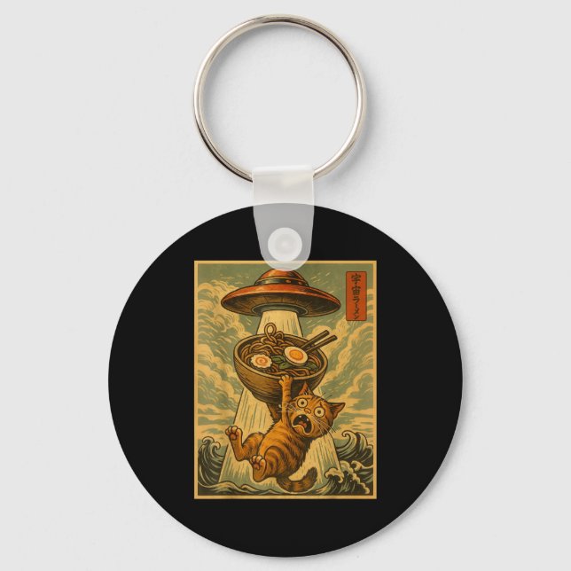 Funny Japanese Cat Ramen Ufo Anime Men Women Teens Keychain (Front)