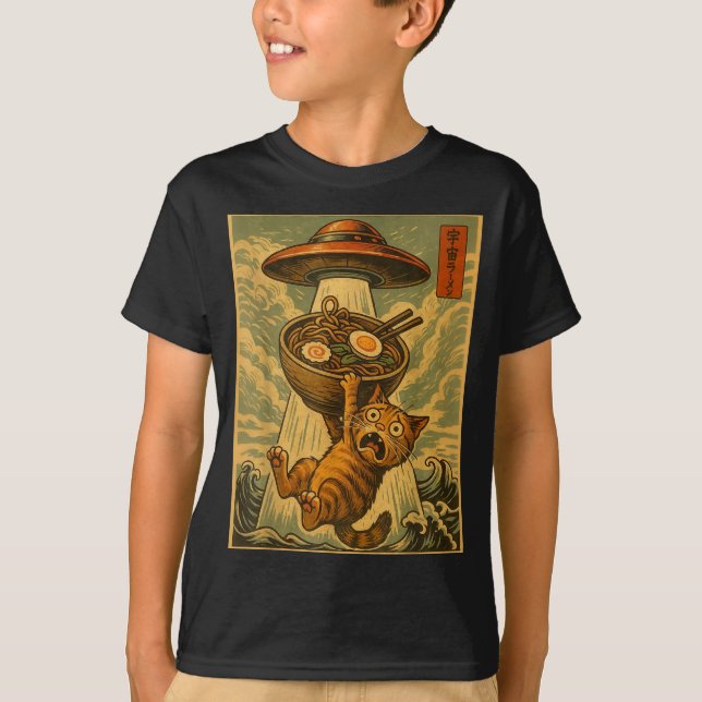 Funny Japanese Cat Ramen Ufo Anime Men Women Teens T-Shirt (Front)