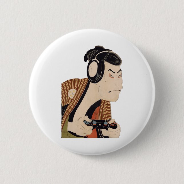 Funny Japanese Gamer Samurai Ukiyo-e Art  Button (Front)