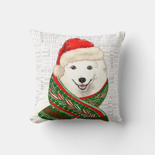 Funny Japanese Spitz Dog Watercolor Christmas Throw Pillow