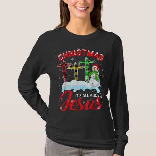 Funny Jesus Christmas Christian Cross Plaid Snowma T_Shirt