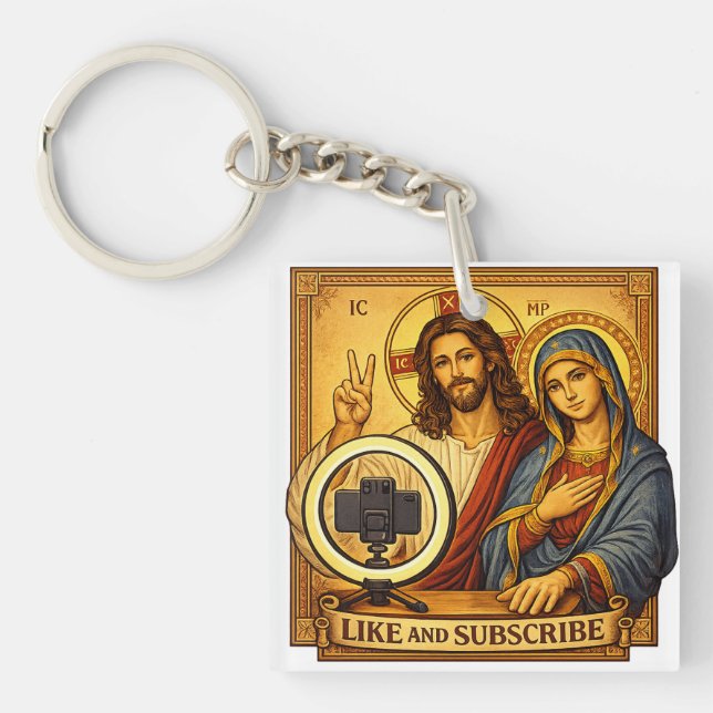 Funny Jesus Mary Influencer Keychain (Front)