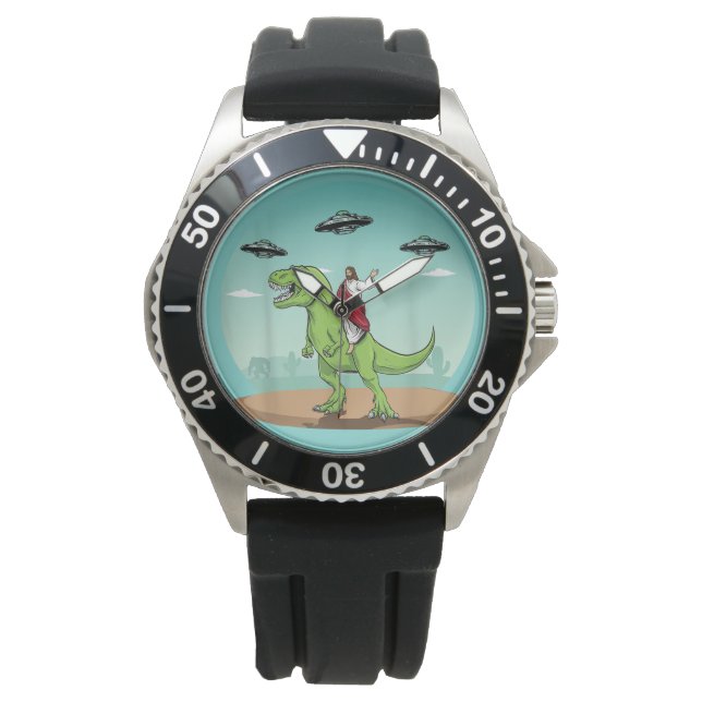 Funny Jesus Riding Dinosaur Alien  Watch (Front)