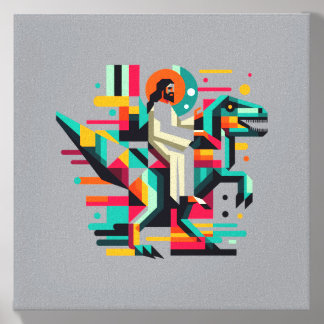 Funny Jesus Riding T-Rex Dinosaur Meme Parody For Canvas Photo Tile