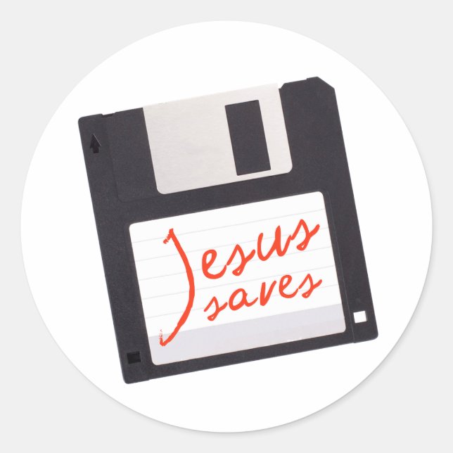 Funny Jesus Saves on Floppy Disk Classic Round Sticker (Front)