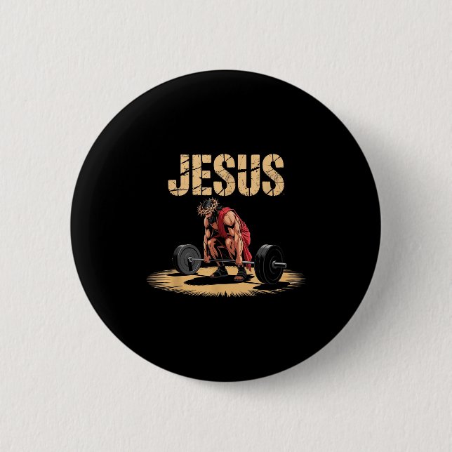 Funny Jesus Weightlifting Christian Gym Humor  Button (Front)