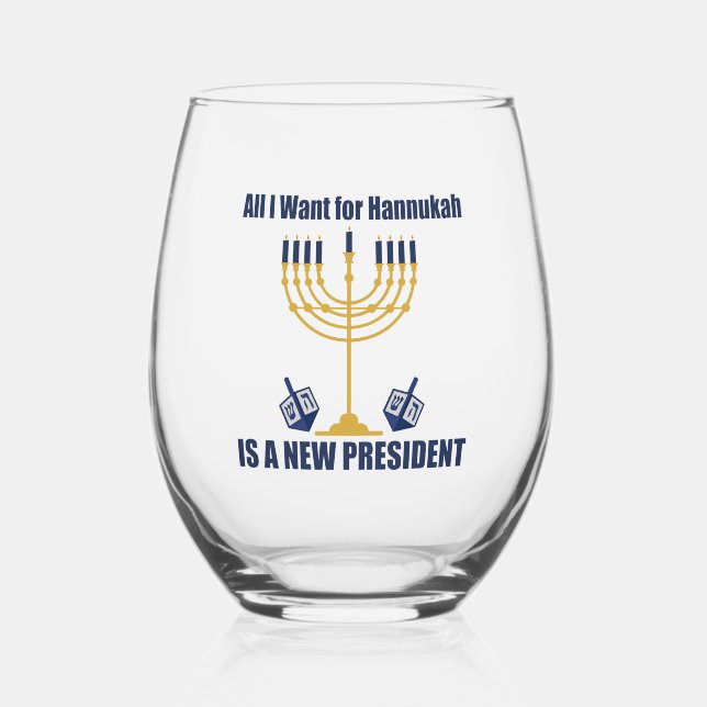 Funny Jewish Anti Trump Political Hanukkah Stemless Wine Glass (Front)