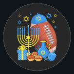 Funny Jewish Football Ball Menorah Happy Hanukkah  Classic Round Sticker<br><div class="desc">Funny Jewish Football Ball Menorah Happy Hanukkah Chanukah</div>