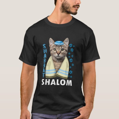 Funny Jewish Shabbat Shalom Cute Cat With Kippah  T_Shirt