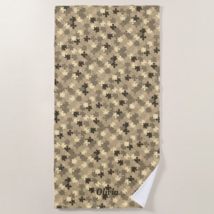 Funny Jigsaw Pieces Pattern Add Name Khaki Brown Beach Towel