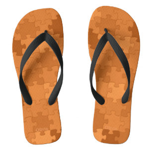 Funny Jigsaw Puzzle Pattern Add Name Brown Orange Flip Flops