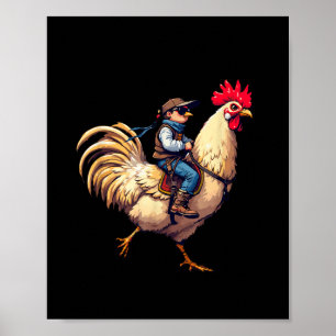 Funny Jockey Pixel Riding Chicken Jockey On A Chic Poster