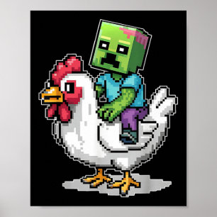 Funny Jockey Pixel Riding Chicken Jockey On A Chic Poster