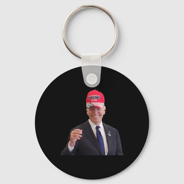 Funny Joe Biden Dons Trump 2024 Cap  Keychain (Front)