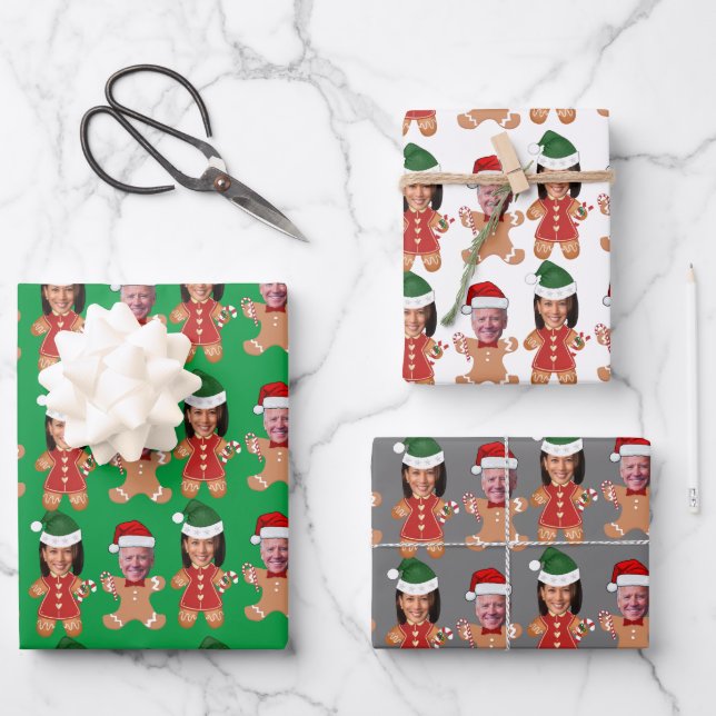 Funny Joe Biden Kamala Harris Face Gingerbread Wrapping Paper Sheets (Front)